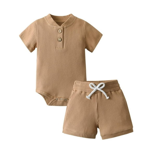 Newborn Baby Boy Clothes Ribbed Knitted Cotton Short Sleeve Romper +Pants Solid Color Summer Outfits Khaki 0-3 Months