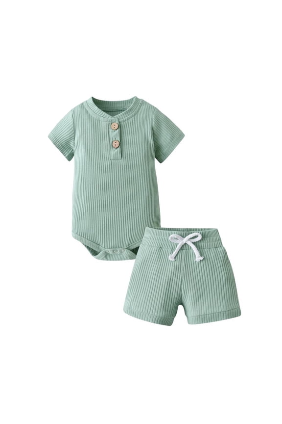 Newborn Baby Boy Clothes Ribbed Knitted Cotton Short Sleeve Romper +Pants Solid Color Summer Outfits Light Green 6-9 Months