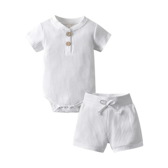 Newborn Baby Boy Clothes Ribbed Knitted Cotton Short Sleeve Romper +Pants Solid Color Summer Outfits White 6-9 Months