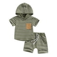 thumbnail image 1 of Newborn Baby Boy Clothes Short Sleeve Hooded Tops with Pocket Drawstring Short Casual Summer Outfits 6m 12m 18m 24m 3y, 1 of 9