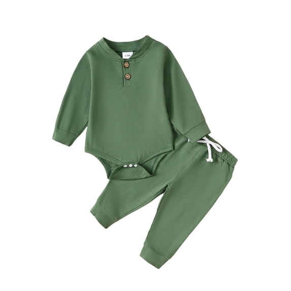 Newborn Baby Boy Clothes Solid Color Green Romper and Pants 2PCs Infant Fall Winter Clothing Set