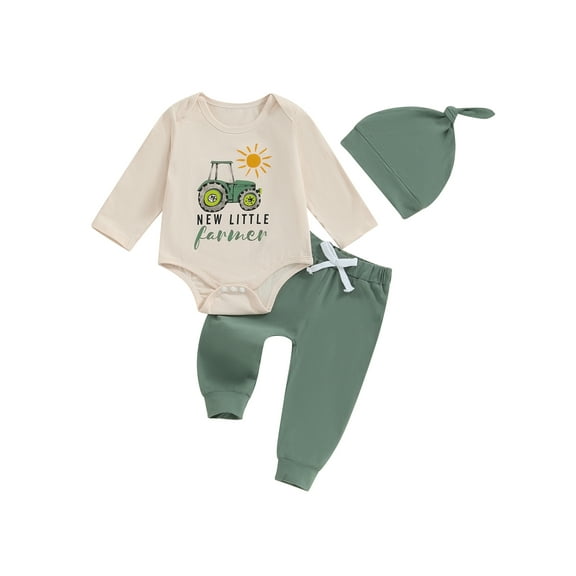 Newborn Baby Boy Coming Home Outfit 3 6 12 18 Months New To The Farm Embroidery Long Sleeve Romper Tops Pants Hat Set