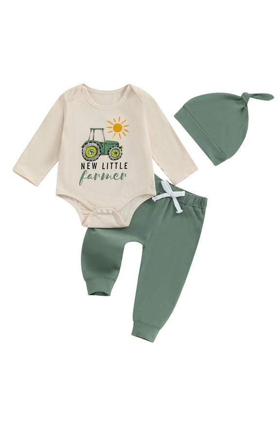 Newborn Baby Boy Coming Home Outfit 3 6 12 18 Months New To The Farm Embroidery Long Sleeve Romper Tops Pants Hat Set