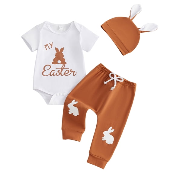 Newborn Baby Boy Easter Outfit Letter Print Short Sleeve Romper Pompom Tail Long Pants with Hat 3Pcs Clothes Set