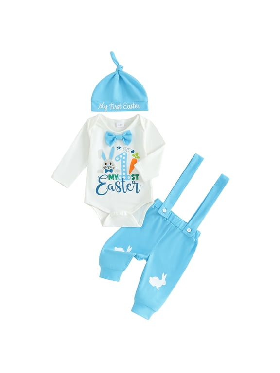 Newborn Baby Boy Easter Outfit My First Easter Baby Boy Outfit Bunny Romper Suspender Pants Hat 3Pcs Spring Clothes