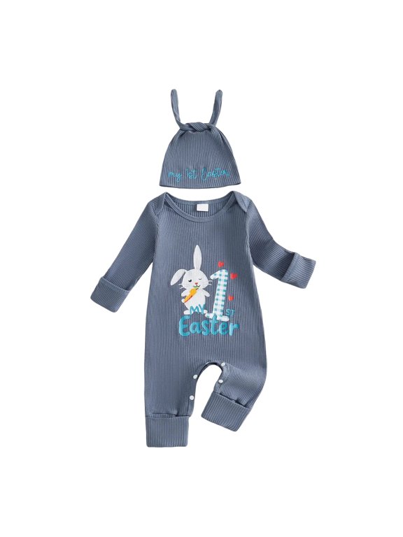 Newborn Baby Boy Easter Outfit Romper My First Easter Rabbit Embroidery Long Sleeve Jumpsuit Cute Infant Clothes