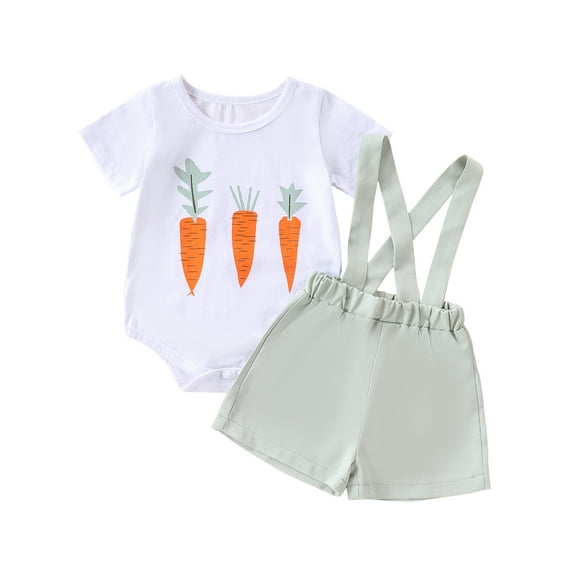 Newborn Baby Boy Easter Outfits Short Sleeve Carrot Print Romper + Suspender Shorts 0 3 6 12 18 Months Summer Clothes Set
