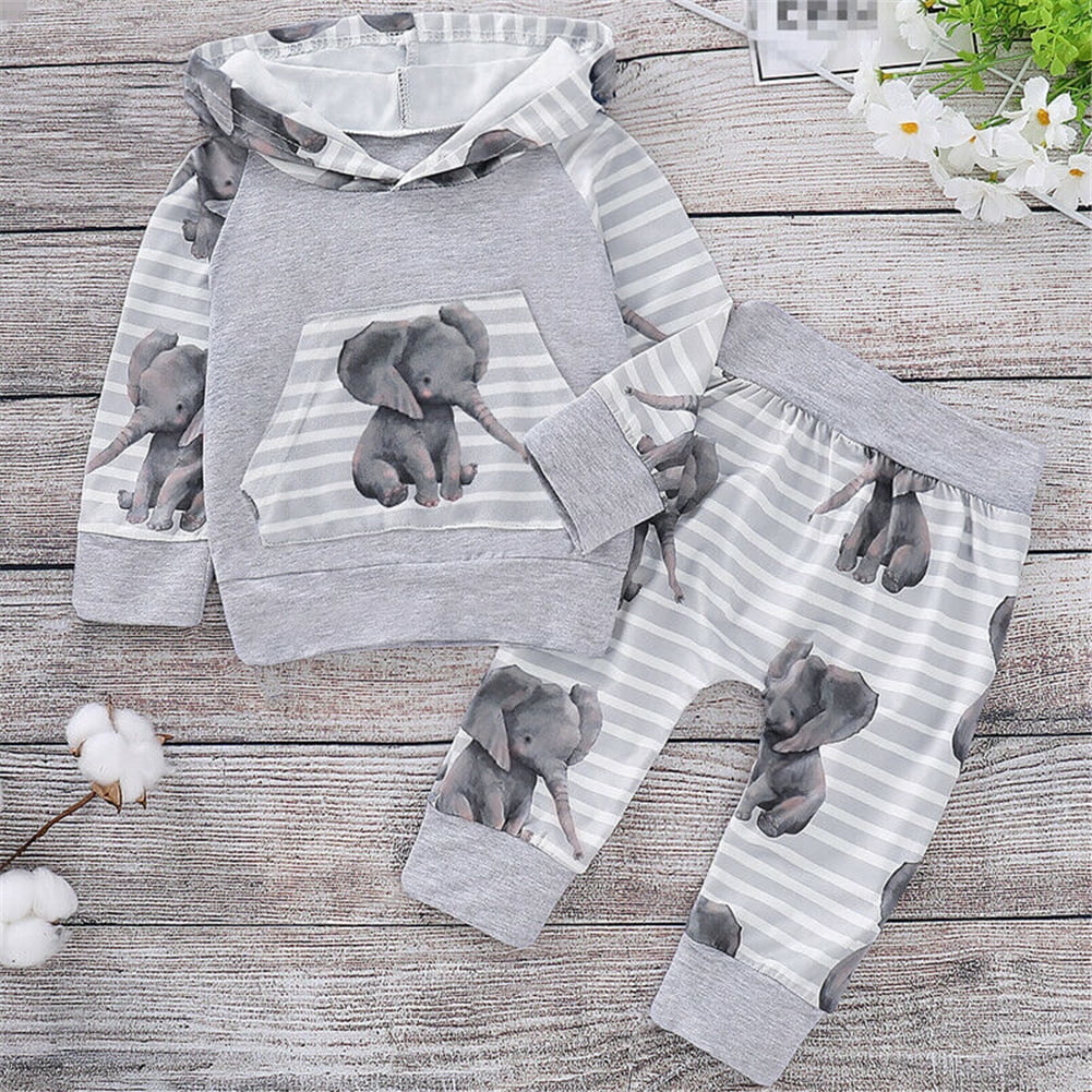 Newborn Baby Boy Elephant Hooded Top Pants Tracksuit Trousers