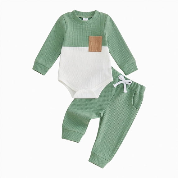Newborn Baby Boy Fall Outfit Romper Long Sleeve Solid Jumpsuit Bodysuit Elastic Waist Pants Infant Clothes