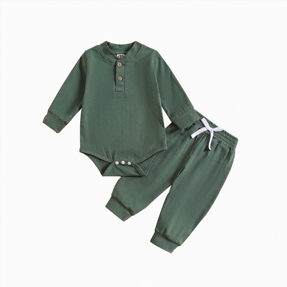 Newborn Baby Boy Fall Outfit Romper Long Sleeve Solid Jumpsuit Bodysuit Elastic Waist Pants Infant Clothes