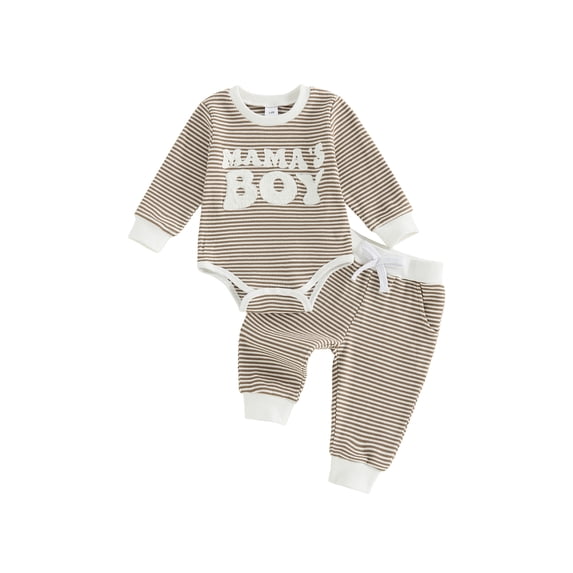 Newborn Baby Boy Fall Outfits Striped Letter Embroidered Long Sleeve Romper and Pants 2 Piece Set