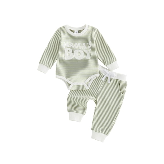 Newborn Baby Boy Fall Outfits Striped Letter Embroidered Long Sleeve Romper and Pants 2 Piece Set