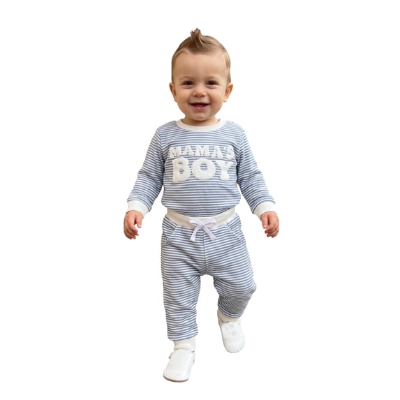 Newborn Baby Boy Fall Outfits Striped Letter Embroidered Long Sleeve Romper and Pants 2 Piece Set