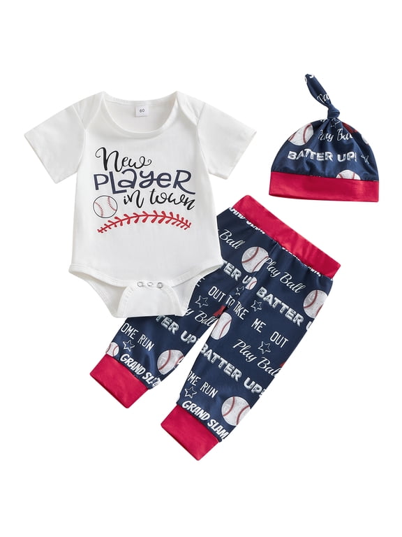 Newborn Baby Boy Girl Baseball Outfit 0 3 6 12 Months New Player in Town Romper Baseball Jogger Pants 3Pcs Coming Home Outfit
