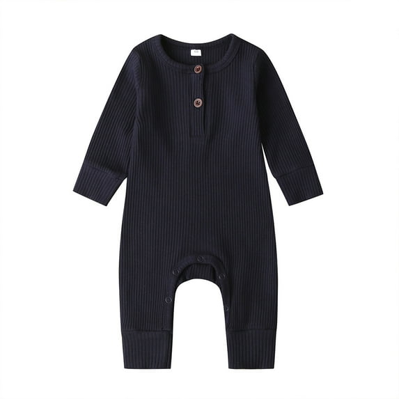 Newborn Baby Boy Girl Button Romper One Piece Solid Knit Ribbed Long Sleeve Jumpsuit