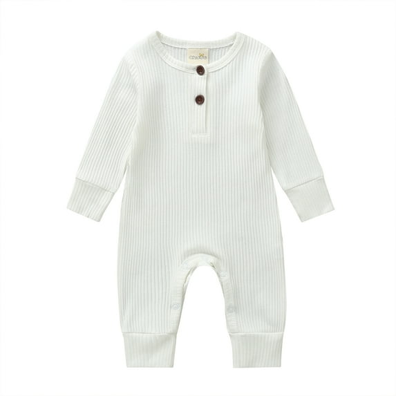 Newborn Baby Boy Girl Button Romper One Piece Solid Knit Ribbed Long Sleeve Jumpsuit