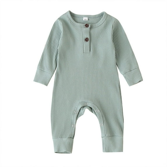 Newborn Baby Boy Girl Button Romper One Piece Solid Knit Ribbed Long Sleeve Jumpsuit