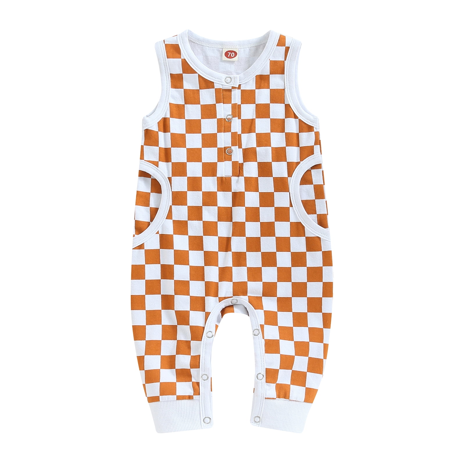 Newborn Baby Boy Girl Checkerboard Romper Sleeveless Button Jumpsuit