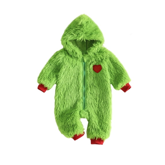 Newborn Baby Boy Girl Christmas Outfit Heart Embroidery Long Sleeve Fuzzy Zipper Hooded Jumpsuit Romper 0 3 6 12 18 Months Xmas Clothes