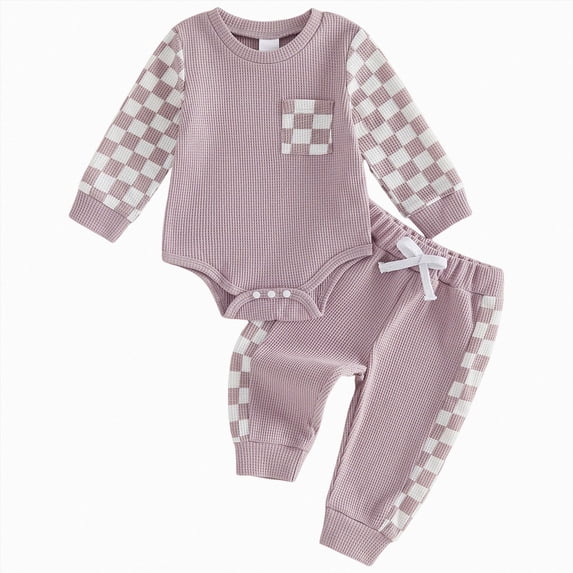 Newborn Baby Boy Girl Clothes Checkered Plaid Long Sleeve Romper Pants Set 2 Piece Fall Winter Outfits