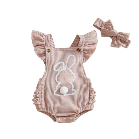 Baby Boy Girl Clothes Cute Bunny Print Romper Fly Sleeve Button Jumpsuit with Headband Toddler Summer Outfit,Pink,12-18 Months