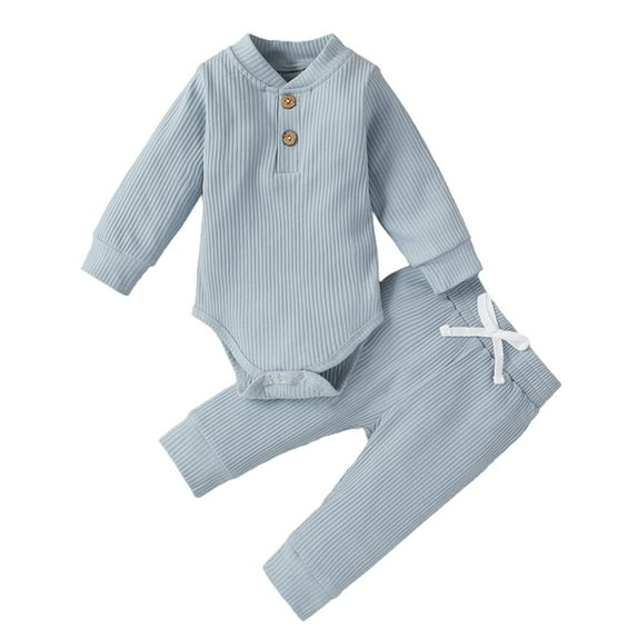Newborn Baby Boy Girl Clothes Unisex Solid Cotton Long Sleeve Knitted Ribbed Romper & Pants Set Infant Winter Outfits,100cm,G62667