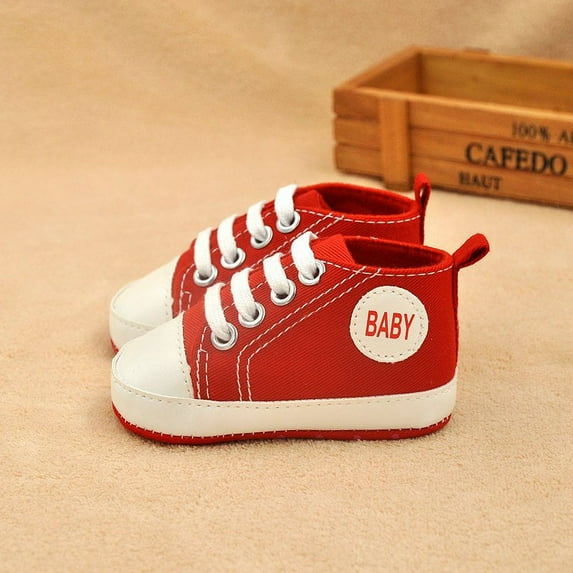 Newborn Baby Boy Girl Crib Shoes Infants Soft Sole First Walkers Canvas Sneaker, Red