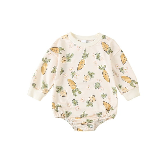 Newborn Baby Boy Girl Easter Outfits Carrot Bunny Print Long Sleeve Bubble Romper Sweatshirt 0 3 6 12 18 Months Cute Spring Clothes
