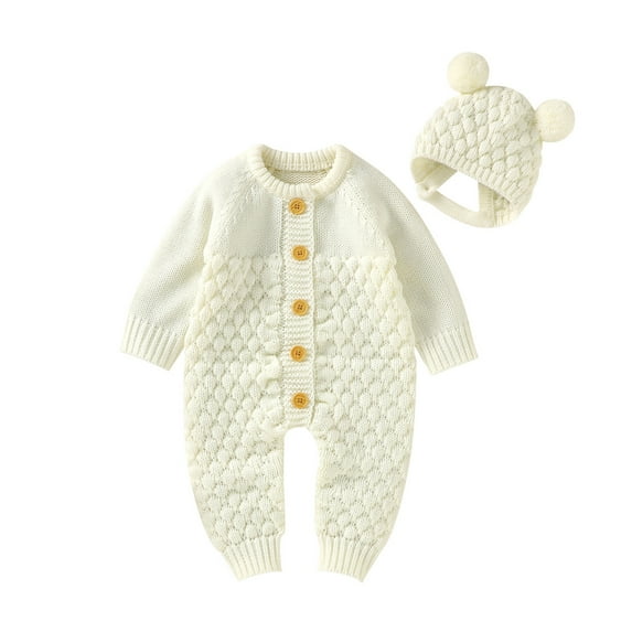Newborn Baby Boy Girl Fall Winter Clothes 3M 6M 12M 18M Long Sleeve Solid Color Knitted Button Romper Bear Hat Cute Outfit