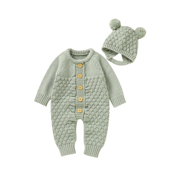 Newborn Baby Boy Girl Fall Winter Clothes 3M 6M 12M 18M Long Sleeve Solid Color Knitted Button Romper Bear Hat Cute Outfit