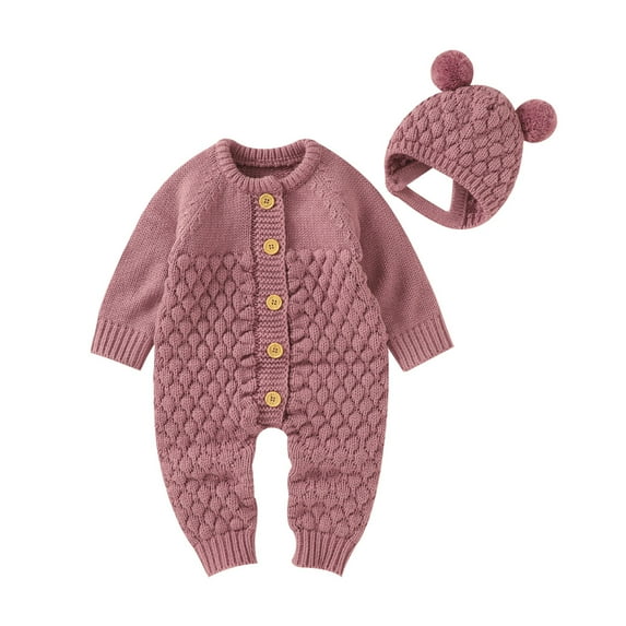 Newborn Baby Boy Girl Fall Winter Clothes 3M 6M 12M 18M Long Sleeve Solid Color Knitted Button Romper Bear Hat Cute Outfit
