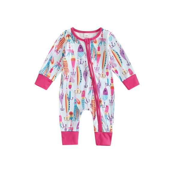 Newborn Baby Boy Girl Fall Winter Clothes Long Sleeve Fish Print Zipper Jumpsuit Romper Outfits 0-12M