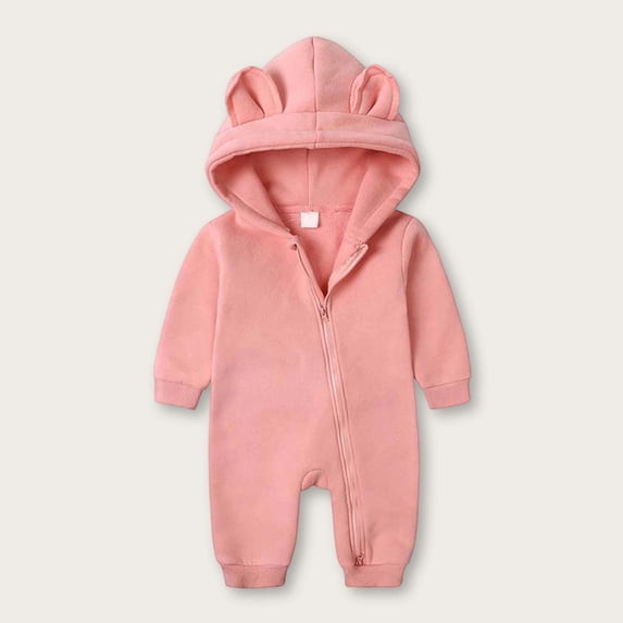 Newborn Baby Boy Girl Fall Winter Clothes Zipper Hooded Romper Cute Long Sleeve Jumpsuit Warm One Piece Outfit Pink 9-12 Months