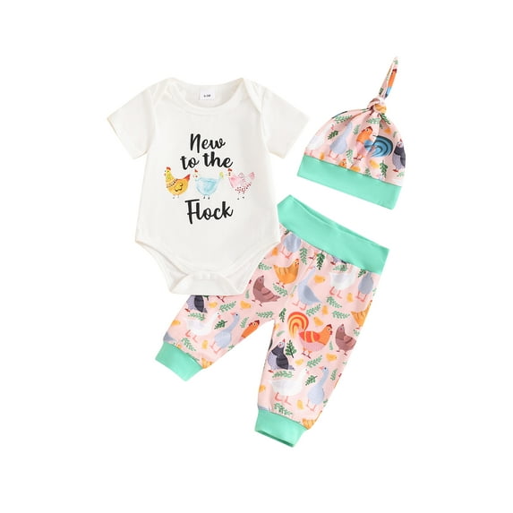 Newborn Baby Boy Girl Farm Outfit New to the Farm Romper Animal Chicken Cow Horse Print Long Pants with Hat 3Pcs Country Clothes Set