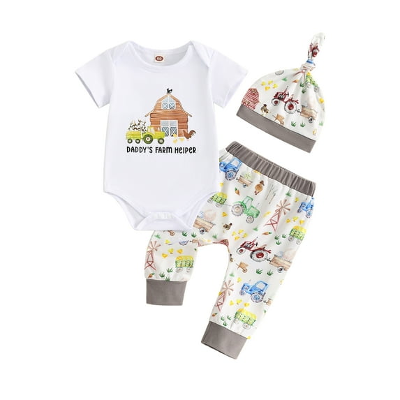 Newborn Baby Boy Girl Farm Outfit New to the Farm Romper Animal Chicken Cow Horse Print Long Pants with Hat 3Pcs Country Clothes Set