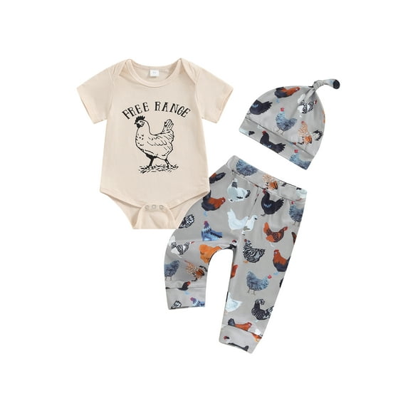Newborn Baby Boy Girl Farm Outfit New to the Farm Romper Animal Chicken Cow Horse Print Long Pants with Hat 3Pcs Country Clothes Set