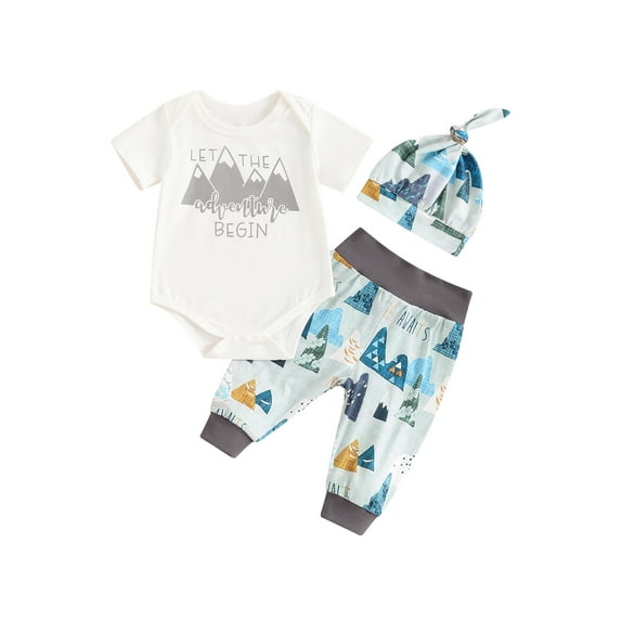 Newborn Baby Boy Girl Farm Outfit Short Sleeve Letter Romper Chicken Cow Horse Print Long Pants with Hat 3Pcs Country Clothes Set