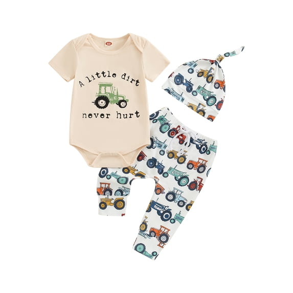 Newborn Baby Boy Girl Farm Outfit Short Sleeve Tractor Print Romper +Long Pants +Hat Summer 3Pcs Country Clothes Set