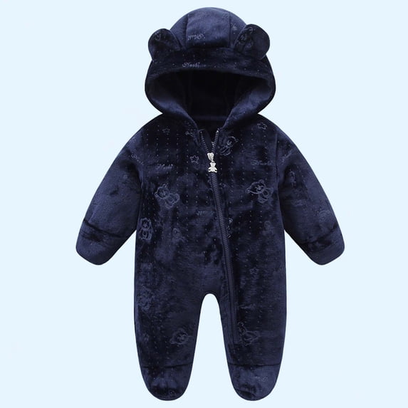 Newborn Baby Boy Girl Fleece Footed Jumpsuit Hooded Romper Zip up Outerwear Coat Infant Navy 6-9 Months