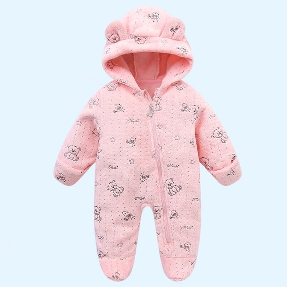 Newborn Baby Boy Girl Fleece Footed Jumpsuit Hooded Romper Zip up Outerwear Coat Infant Pink 3-6 Months