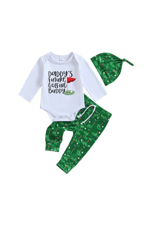 Newborn Baby Boy Girl Golf Outfit 3M 6M 12M 18M Future Golfing Buddy Long Sleeve Romper Golf Print Pants Hat Set