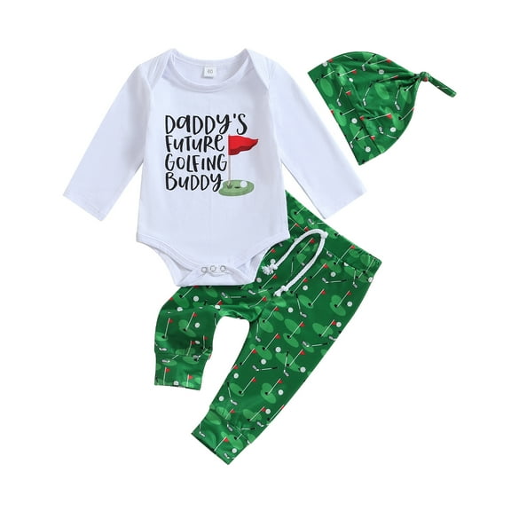 Newborn Baby Boy Girl Golf Outfit 3M 6M 12M 18M Future Golfing Buddy Long Sleeve Romper Golf Print Pants Hat Set