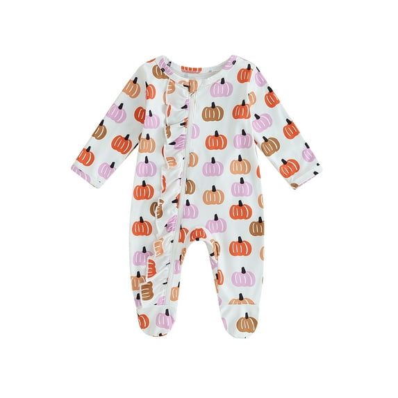 Newborn Baby Boy Girl Halloween Long Sleeve Jumpsuit Pumpkin Zipper Footie Romper Pjs Fall Winter Clothes Sleep and Play