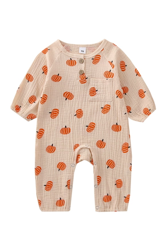 Newborn Baby Boy Girl Halloween Outfits Pumpkin Ghost Print Long Sleeve Romper One Piece Cotton Waffle Jumpsuit 0-18M