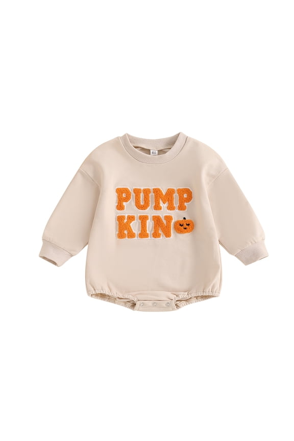 Newborn Baby Boy Girl Halloween Outfits Pumpkin Letter Sweatshirt Romper Long Sleeve Oversized Bodysuit Fall Clothes