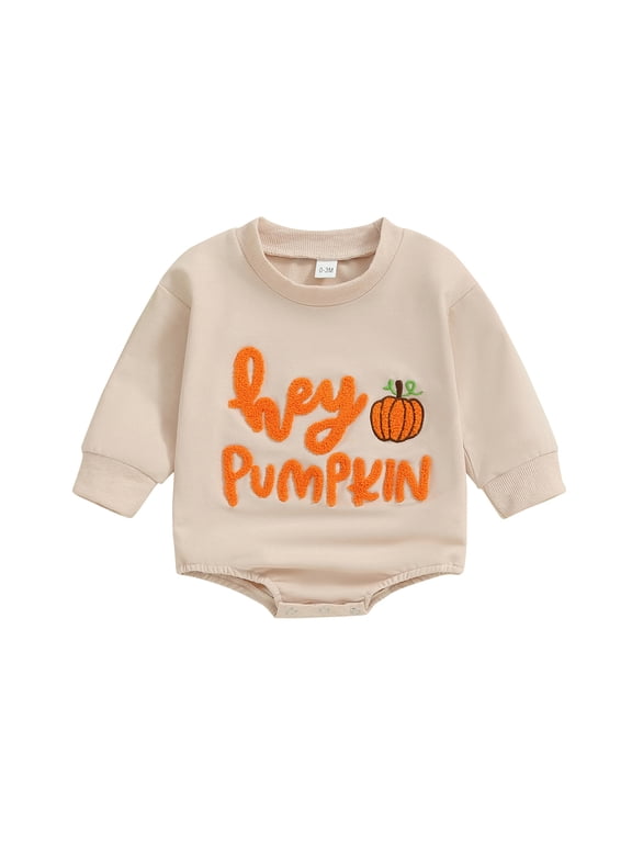 Newborn Baby Boy Girl Halloween Outfits Pumpkin Letter Sweatshirt Romper Long Sleeve Oversized Bodysuit Fall Clothes