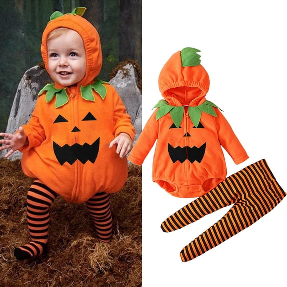 Baby Boy Girl Halloween Pumpkin Outfit Jumpsuit Long Sleeve Zipper Hoodie Romper Onesie (0-6 Months)