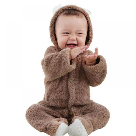 Newborn Baby Boy Girl Hoodie Hooded Rompers Winter Fleece Jumpsuit with Ears 0-18M