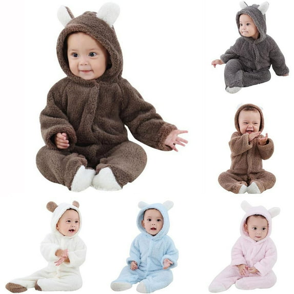 Newborn Baby Boy Girl Hoodie Hooded Rompers Winter Fleece Jumpsuit with Ears 0-18M