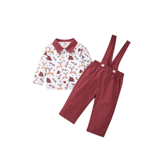Newborn Baby Boy Girl Kid Christmas Clothes Set Printed Long Sleeve Pullover Shirt +Overalls Suspender Skirt/Pants